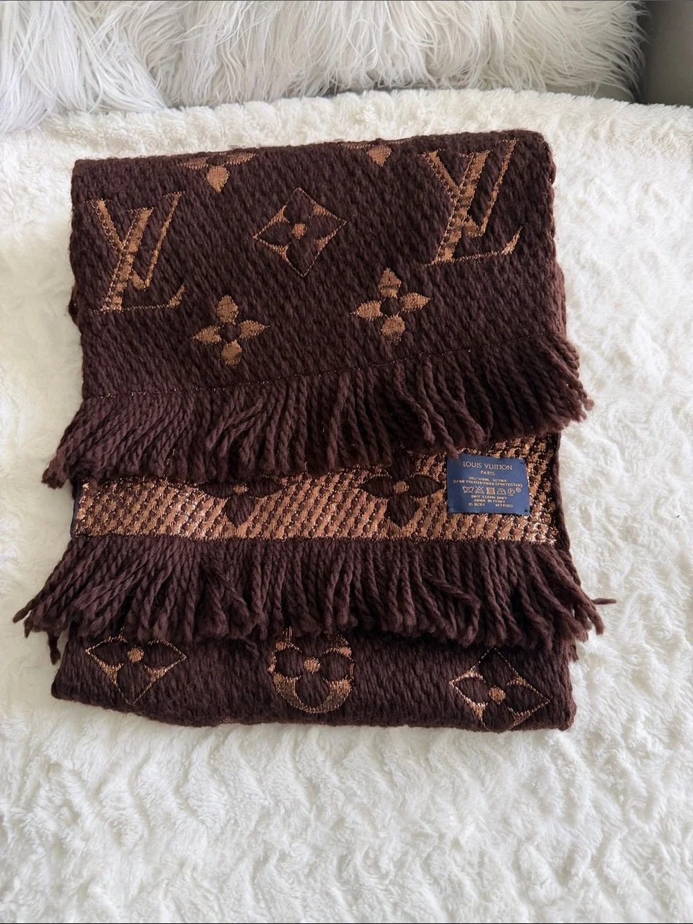 Louis Vuitton Brown Monogram Logomania Fringe Scarf Wool Silk Blend